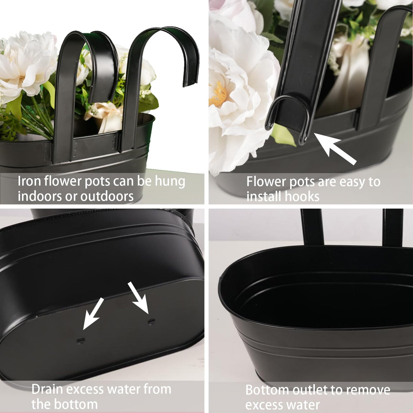 FUFUUIQY 4 Pack Metal Iron Hanging Flower Pots 11 Inch Railing Fence Hanging Bucket Pots with Detachable Hooks Countryside Style Window Railing Planter Box for Garden Balcony Outdoor Decors(Black)