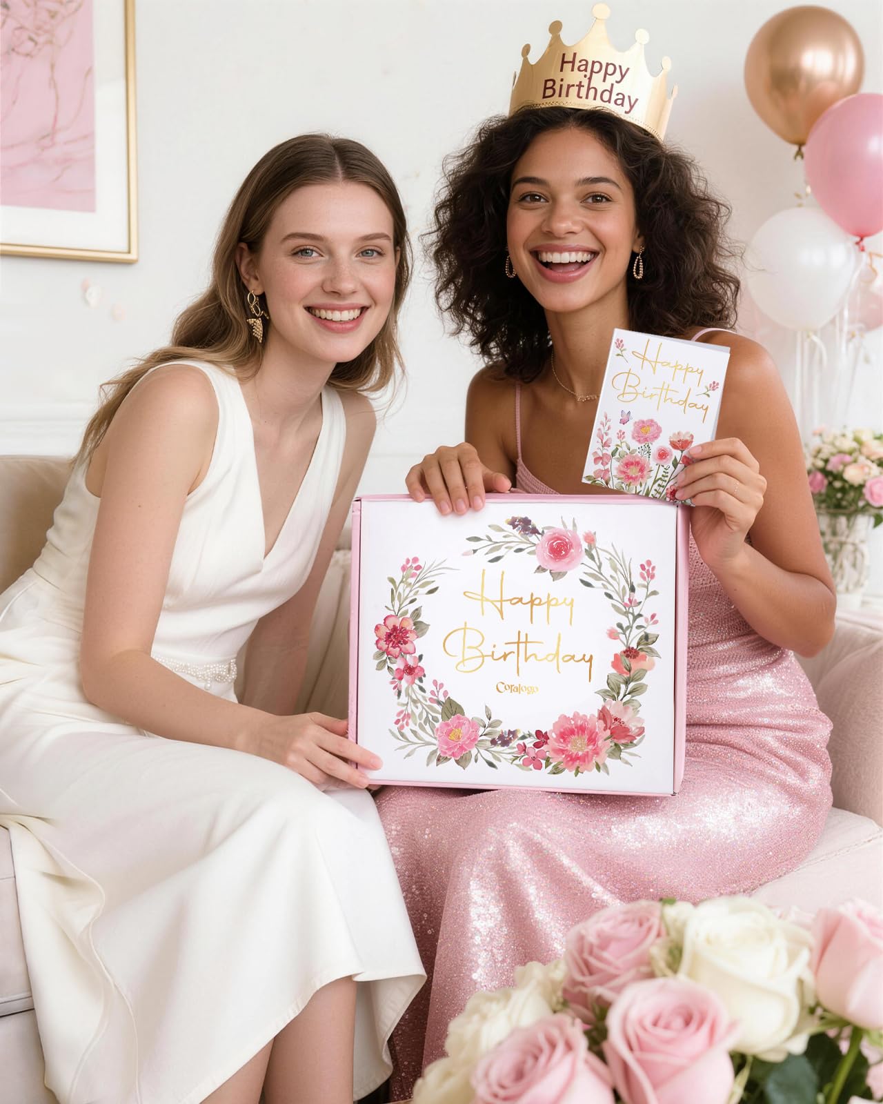 Coralogo Rose Themed Birthday Gifts for Women - Pink Birthday Spa Gift Basket for Women Unique 9pcs Self Care Gift Basket with Plush Knit Blanket for Mom Wife Girlfriend Bestie Her