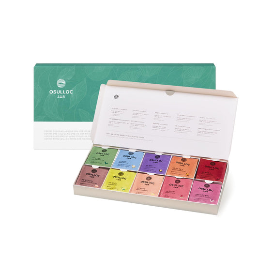OSULLOC Premium Tea Collection (40 count, 10 flavors x 4 ea), Self Care Sampler Gift Box Variety Pack, Premium Organic Pure & Blended Tea from Jeju