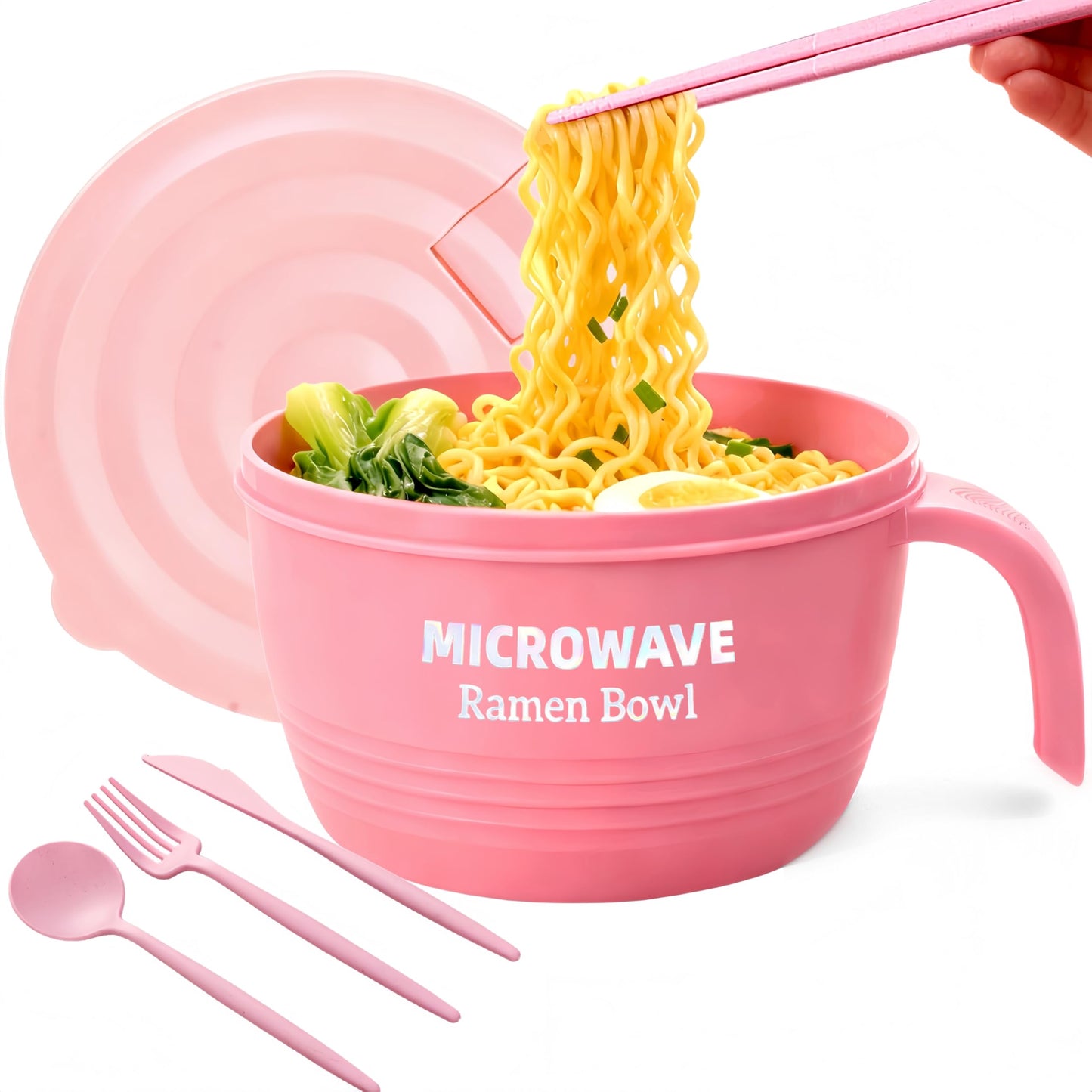 Layron Large Ramen Bowl Set, Ramen Noodle Bowls Microwavable 45 oz, Ramen Cooker, Microwave Pasta Cooker, Ramen Bowl Microwave Gift for College Boys Girls Male Female Dorm Room (pink)