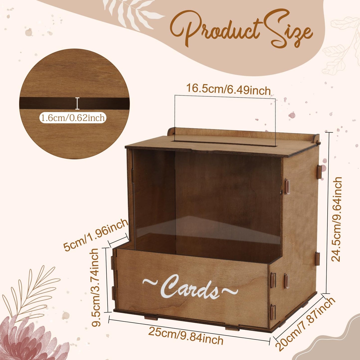 OurWarm Brown Wedding Card Box with Flower Trough & Acrylic Board, Wooden Wedding Card Boxes for Reception, Money Gift Box for Honeymoon, Graduation, Baby Showers, Birthday Party Decorations