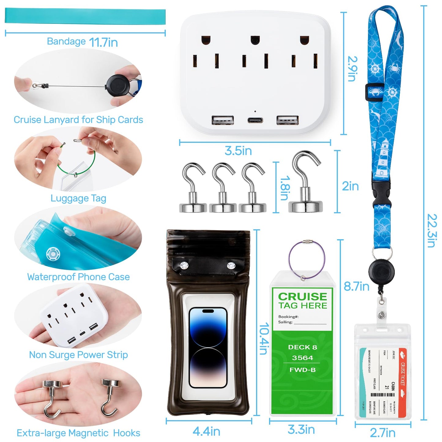 Noledome Cruise Essentials 2026-18PCS Cruise Must Haves Kit with Non-Surge Protector Power Strip, Lanyard with ID Holder, Magnetic Hooks, Luggage Tag Set, Towel Bands, Waterproof Phone Holder