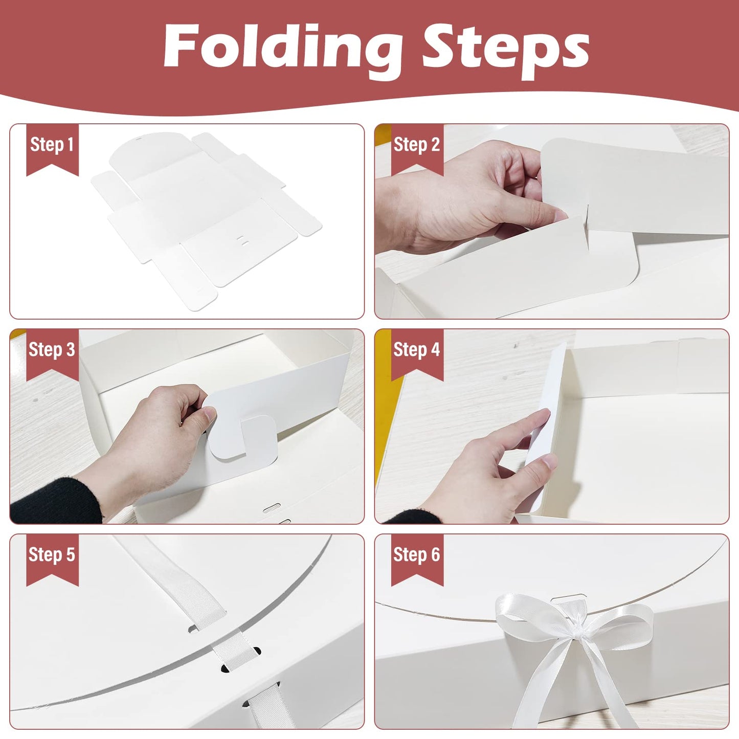BoShahai 10 PCS Gift Boxes with Lids, 10.6x7.8x3.1 Inch Kraft Paper Gift Box, White with Ribbon, Bridesmaid Proposal Box for Wedding, Packaging, Present, Birthday, Cupcake