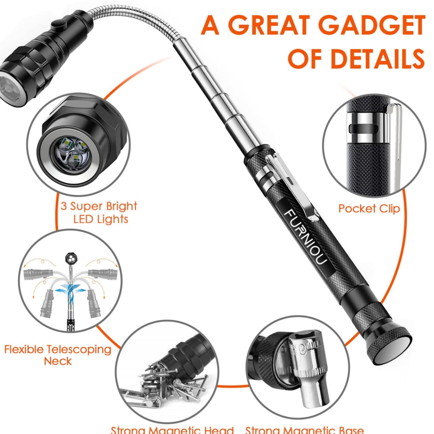 FURNIOU Gifts for Men, LED Magnetic Pickup Tool, Stocking Stuffers For Adults,Birthday Gifts for Men, Extendable Magnetic Flashlight, Mens Gifts for Women Husband Grandpa Him,Cool Gadgets