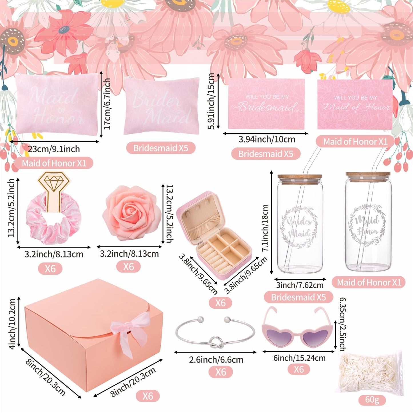 6 Sets Pink Bridesmaid Proposal Gifts, Maid of Honor Gift Includes Wedding Gift Box Jewelry Box Makeup Bag Bracelet Foam Flower Invited Card Glasses Cup Hair Tie for Bridal Shower Bachelorette Party