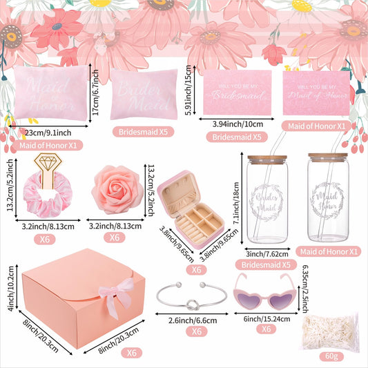6 Sets Pink Bridesmaid Proposal Gifts, Maid of Honor Gift Includes Wedding Gift Box Jewelry Box Makeup Bag Bracelet Foam Flower Invited Card Glasses Cup Hair Tie for Bridal Shower Bachelorette Party