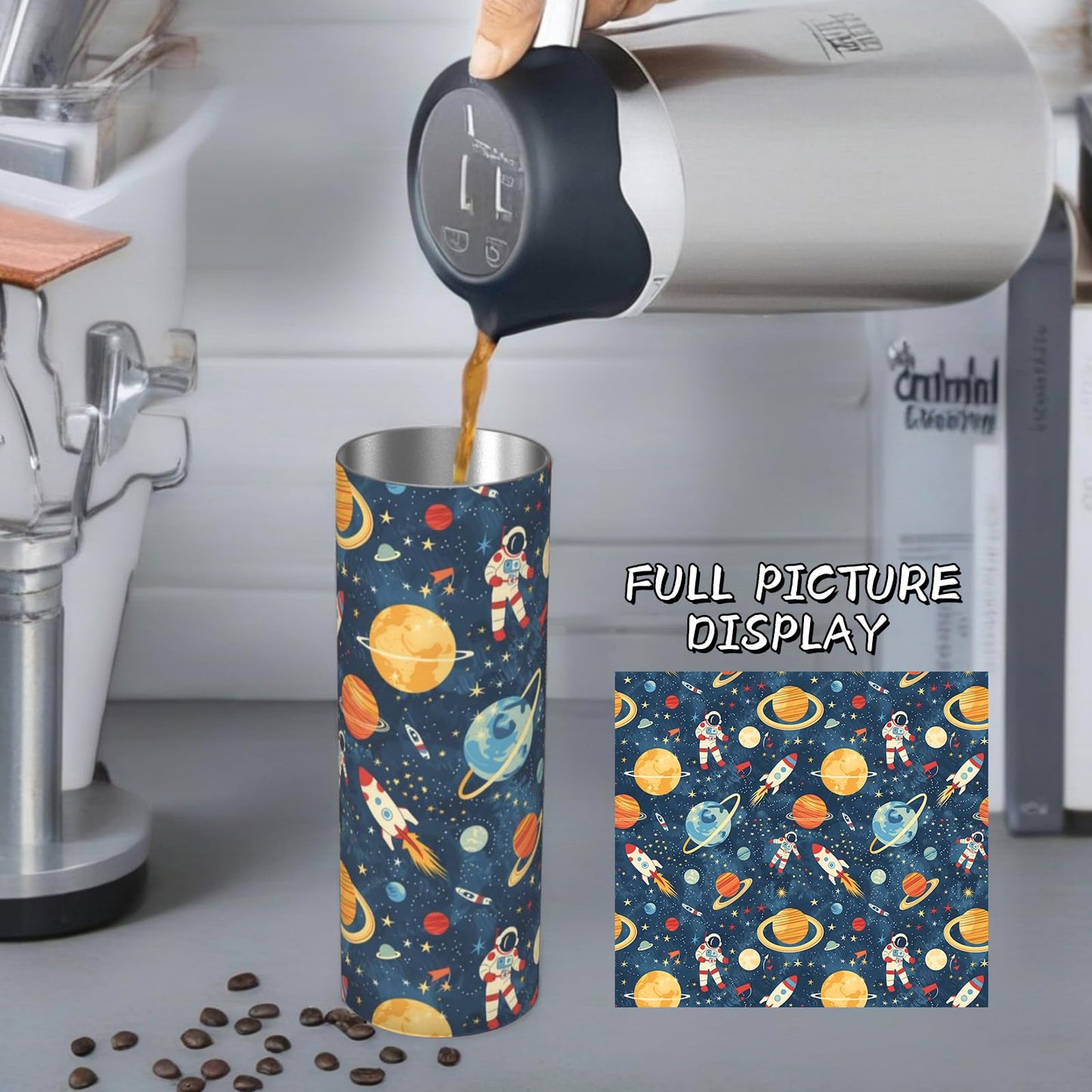 amepay Space Adventure Stainless Steel Insulated Tumbler with Lid - 20oz Astronaut Rocket Travel Mug, Reusable Metal Straw & Brush, Double-Wall Vacuum Bottle Cup for Hot and Cold Drinks,Gifts