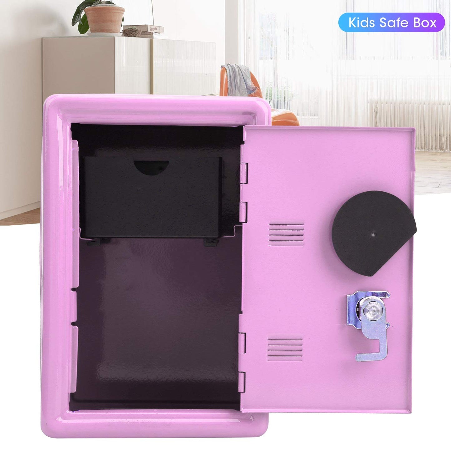Kid's Bank Locker Safe, Metal Kids Safe Money Bank with Single Digit Combination Lock and Key, Built in Pullable Change Storage Box, 7.1x4.7x3.9 Inch Piggy Bank for Kids Birthday Gift(Pink)