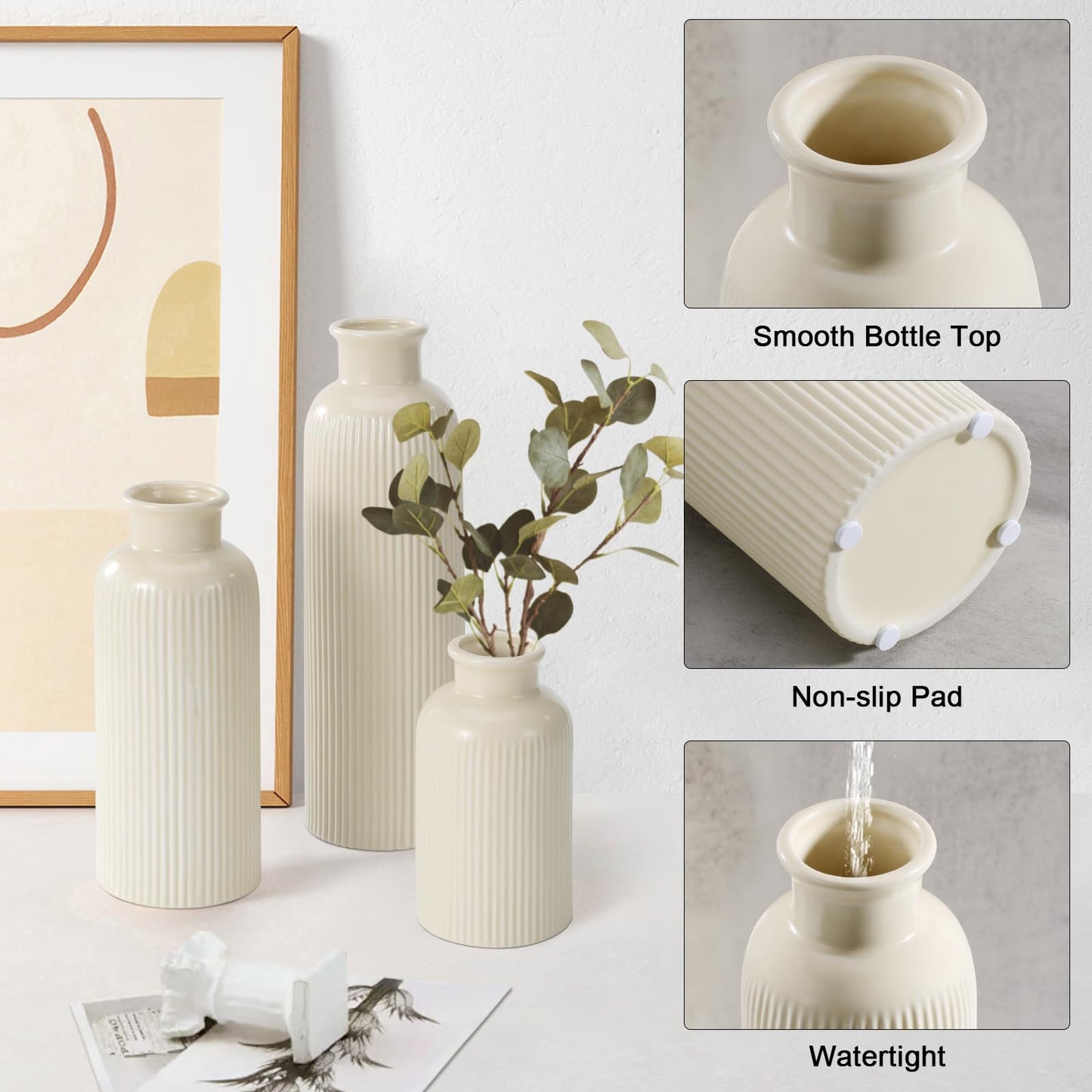 Small Beige Ceramic Vase Set of 3, Boho Modern Beige Flower Vase Room Decor, Farmhouse Decor, Vases for Your Kitchen, Bathroom, Bedroom, Living Room, Office&Shelf Centerpiece Table Decorations