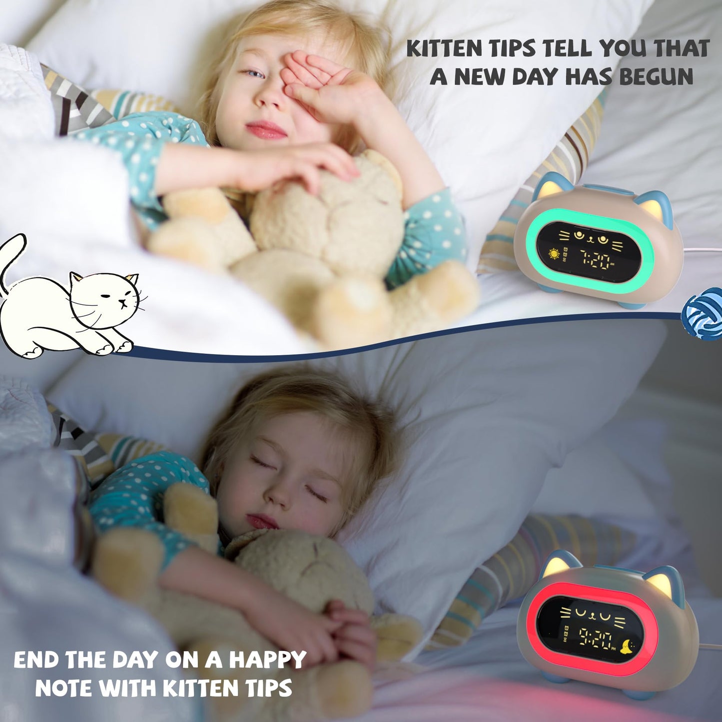 ANALOI Alarm Clock for Kids, Kids Alarm Clocks for Girls with Sleep Training Dual Alarm Eye Protection Auto Off Timer 10 Color Night Light, Cat Ok to Wake Clock, Gifts for Kids Girls
