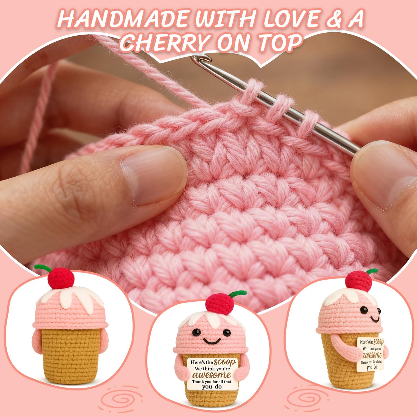 zavvoolly Employee Appreciation Gifts for Women Coworkers - Funny Positive Crochet Ice Cream Desk Decor - Thank You Farewell Going Away Gift for Friend, Nurse, Teacher, Team
