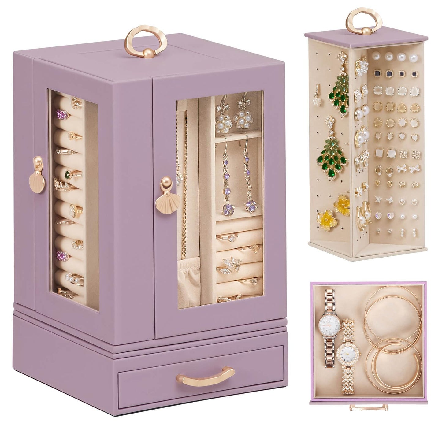 Enthralite Jewelry Box Large for Dresser: Women Necklace Ring Storage Organizer with Compartments - Elegant Earring Holder Display - 360° Rotating Jewelry Organizer with Glass Door