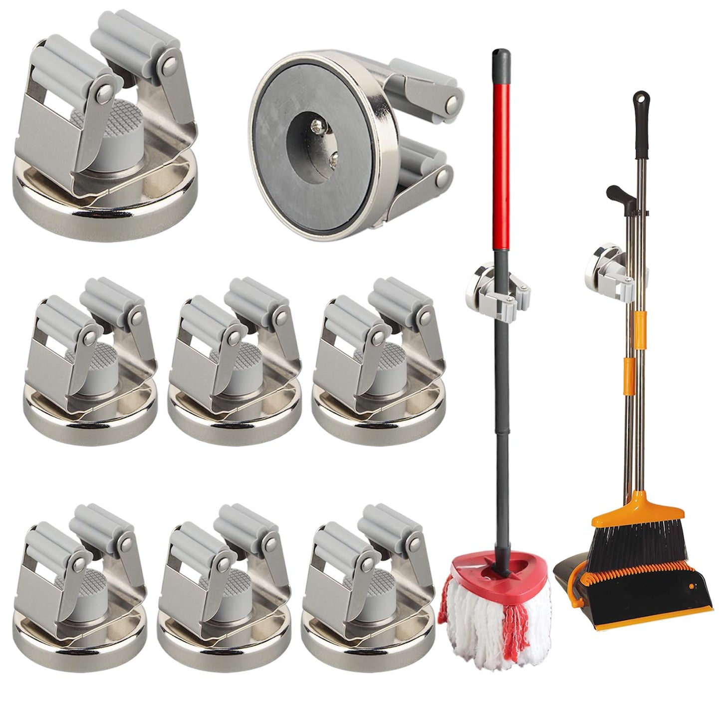 MUTUACTOR Magnetic Broom Holders,8pcs Anti-broken Heavy Duty Magnetic Clips Wall Mount,No Drilling Magnetic Hooks Broom Mop Brackets for Work Cargo Garage Laundry Van Accessories