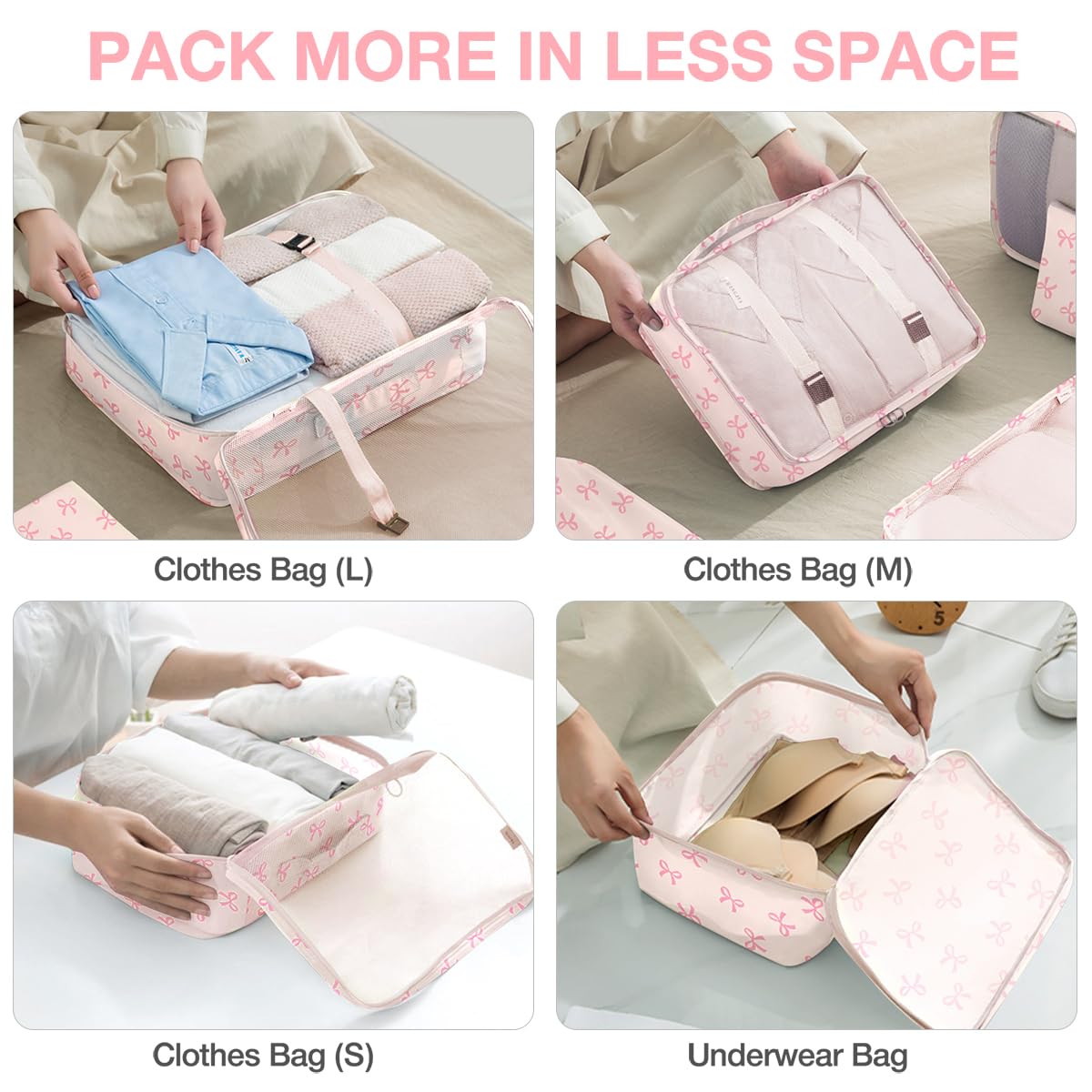 8 Set Packing Cubes for Suitcases,Suitcase Organizer with Shoe,Cosmetics,Clothing, and Accessories Bags for Travel Luggage Organizer Women Men(Pink Bows)