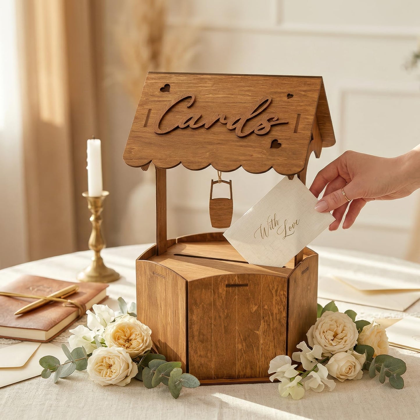 OurWarm Brown Wood Wishing Well Wedding Card Box for Reception, Rustic Wooden Boxes Money Gift Card Box for Party Wedding Decorations Birthday & Baby Shower Decor