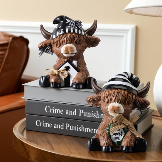 Wesiti 2 Pcs Highland Cow Home Decor Figurines Resin Farmhouse Ornament Set, Cute Cow Statues with House Home Sweet Sign, Rustic Tiered Tray Table Decor Gifts for Garden Kitchen Office