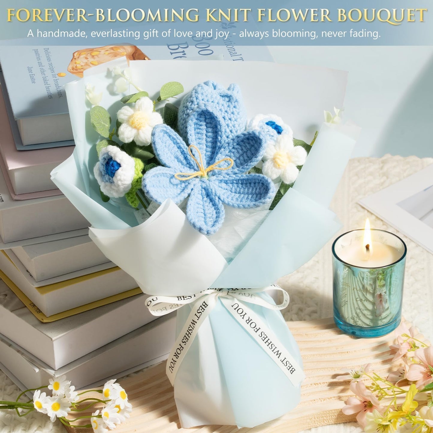 Mothers Day Birthday Gifts for Women Self Care Package Get Well Soon Gift Baskets, Thinking of You Sympathy Spa Gift Set w/ Crochet Flower Bouquet, Unique Gifts for Women Mom Sister Grandma Friends