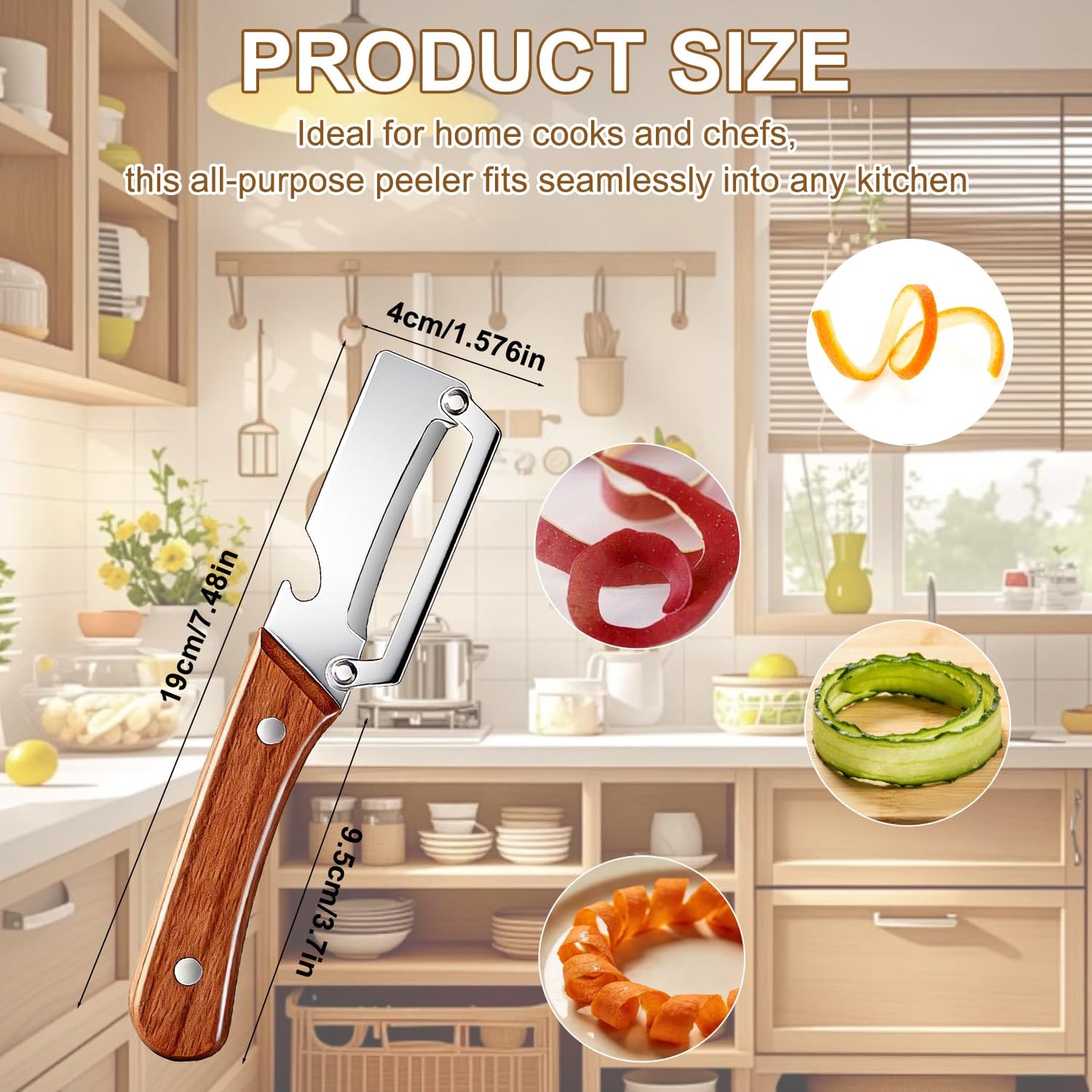 2pcs 2026 Upgrade Premium Vegetable Peeler with Wooden Handle and Bottle Opener, Multifunctional 3-in-1 Stainless Steel Kitchen Tool for Fruit Apple Potato Pumpkin Papaya