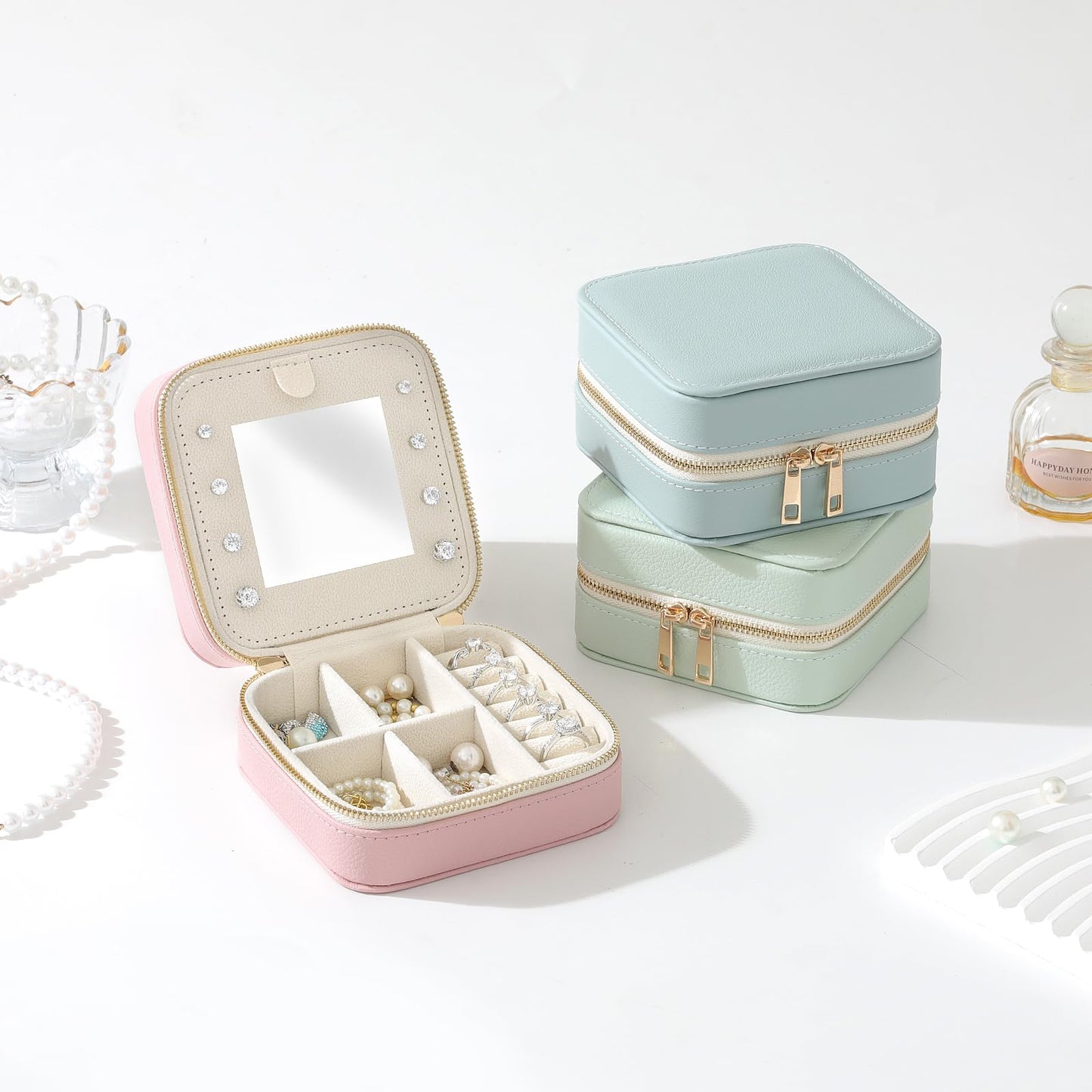 NGVRC Genuine Leather Travel Jewelry Organizer Case with Mirror for Women, Small Mini Portable Jewelry Box for Ring Earrings Necklace Bracelet Luxury Gift for Women（Beige）
