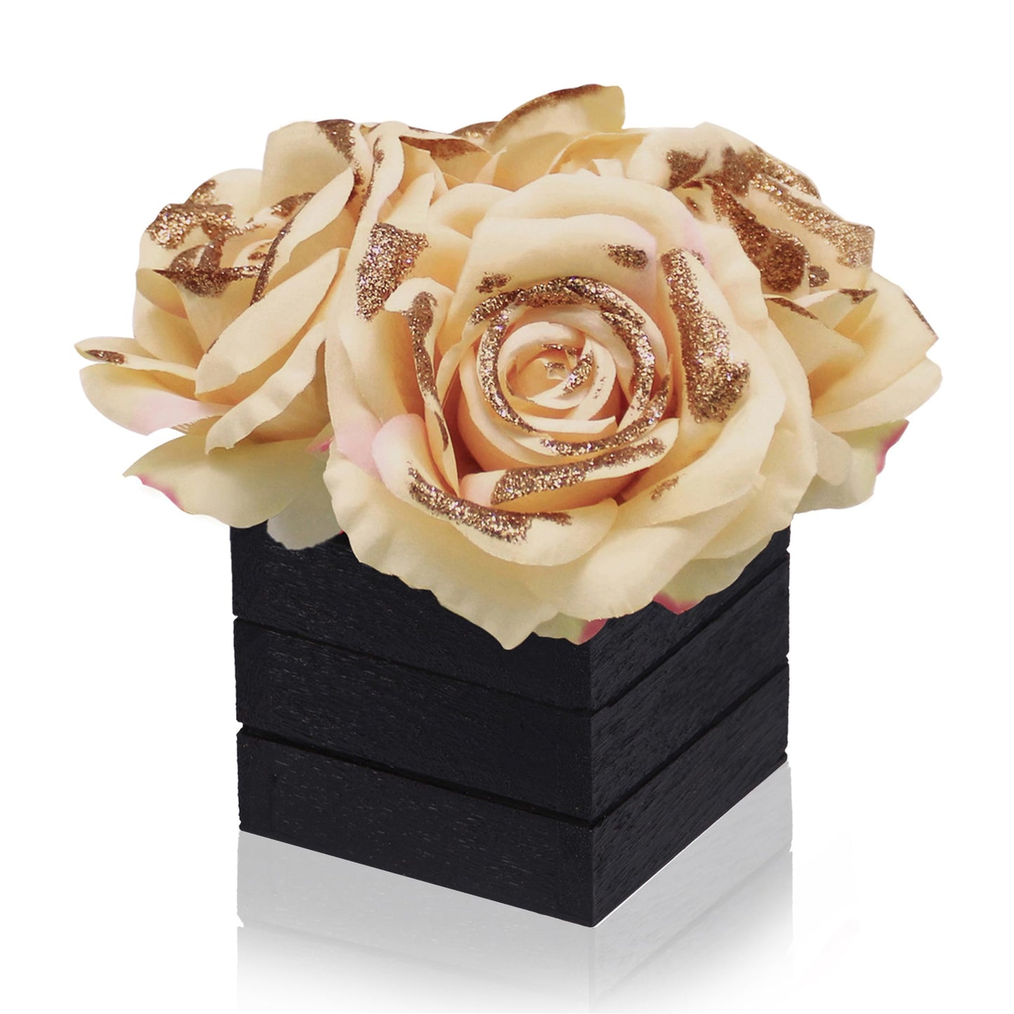 CVHOMEDECO. Artificial Champagne Roses with Wooden Vase Silk Champagne Glitter Rose in Black Wood Box for Home Decor. Idea for Wife, Him or Her, Valentines Day Mother's Day Birthday Love Gifts.