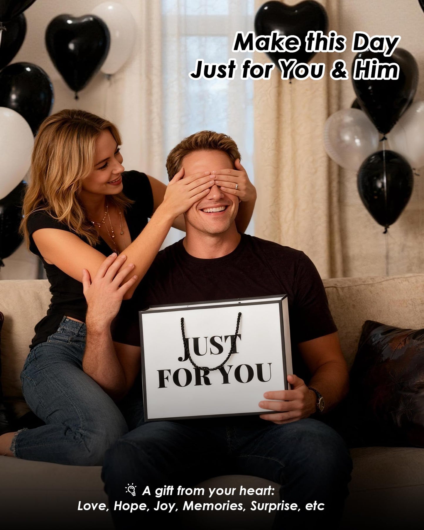 Bojoroy 5+1 Senses Gift Bags for Him/Her with Labels - A Heartwarming, Ready for Birthday, Anniversary & Holidays 6 Themed Bundle Bags for Boyfriend, Girlfriend, Husband & Wife - Classic Black & White