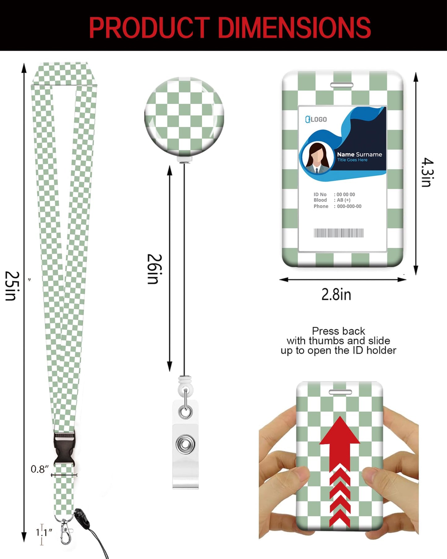 ID Badge Holder with Retractable Lanyard and Keychain, Badge Reel with Rotate Carabiner Clip,Cute Green Checkered Card Name Tag Lanyard ID Protector Bage Clips for Student, Women, Office