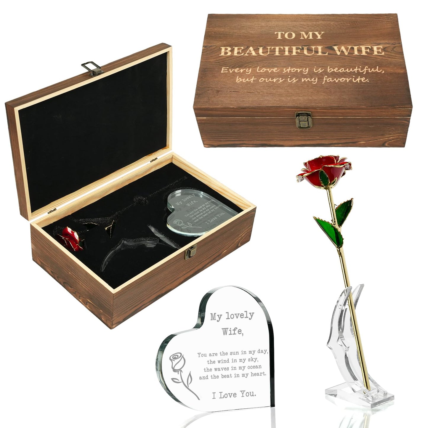Zyphlux Anniversary|Birthday Gifts for Wife-Engraved Wooden Set'To My Wife' with Crystal Heart & 24k Gold Dipped Rose from Husband -Romantic Valentines Gifts Ideas for Her