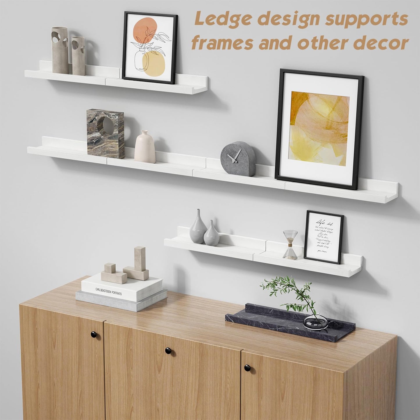 Forbena White Picture Ledge Shelf, Floating Shelves with Lip for Bedroom Books, Corner Nursery Book Shelves Wall Mounted for Small Spaces Office Baby Child Kids Room Art Decor (4-Pack, Real Wood)