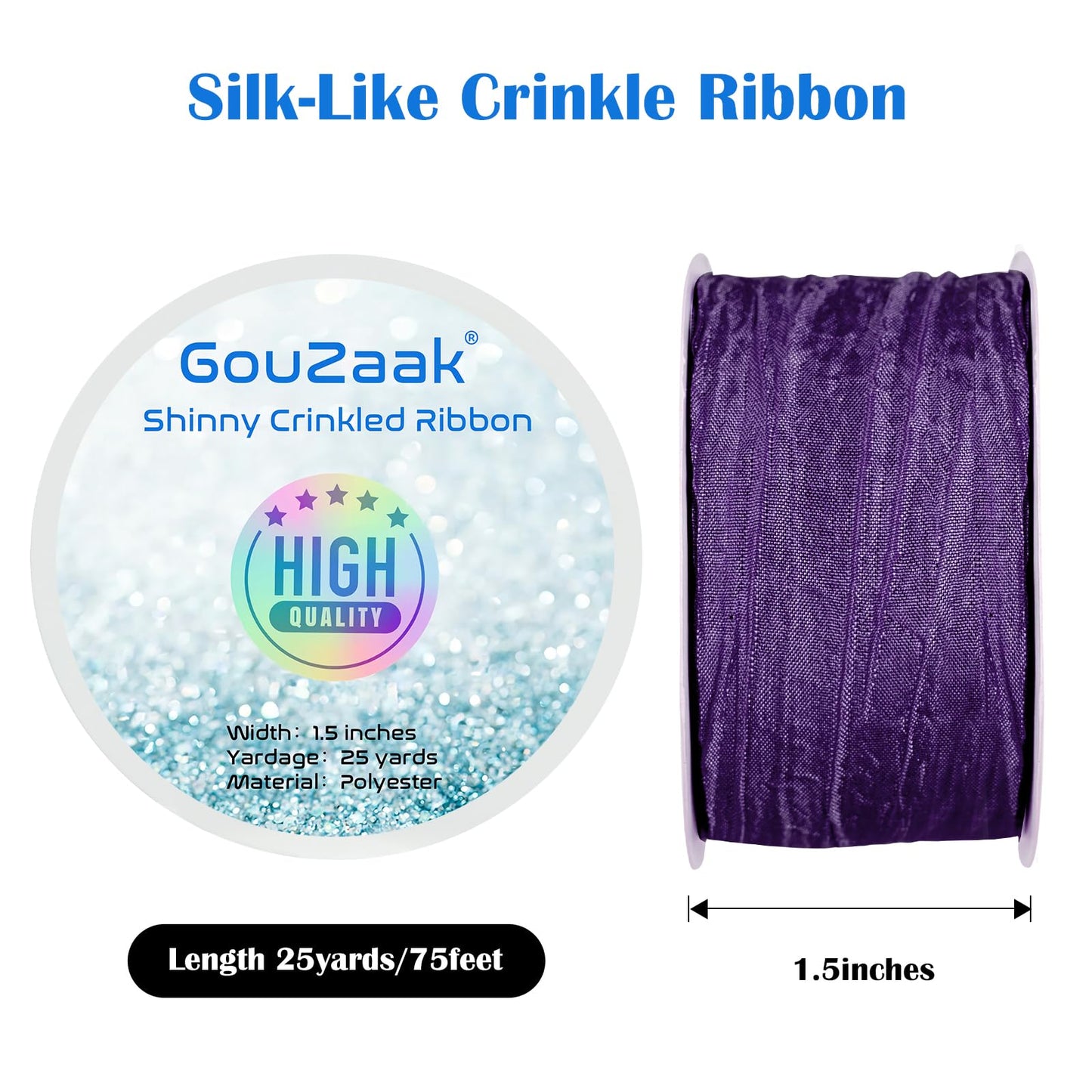 GouZaak 1.5 Inch x 25 Yards Purple Fabric Crinkled Ribbon,Silk-Like Wrinkled Ribbons,for Gift Wrapping Basket Wreaths Bows Making Home Event Decor DIY Crafts Christmas Tree Top Bows