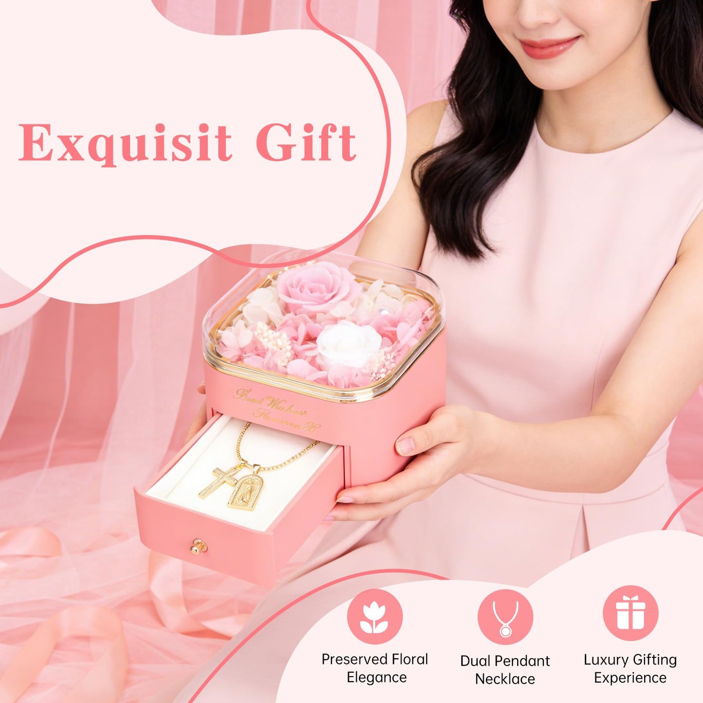 Preserved Pink Rose with Cross Golden Necklace,Eternal Rose Gift Set in Premium-Quality Pink Gift Box,Atmospheric Pink Setting for Mother’s Day,Birthday,Anniversary,Graduation,Valentine’s Day