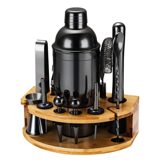 Cocktail Shaker Set Bartender Kit with Stand, 12 Piece Bar Set Drink Mixer Set with Stainless Steel Bar Accessories Tools: 25oz Martini Shaker Jigger Strainer Spoon Muddler for Cocktails (Black)