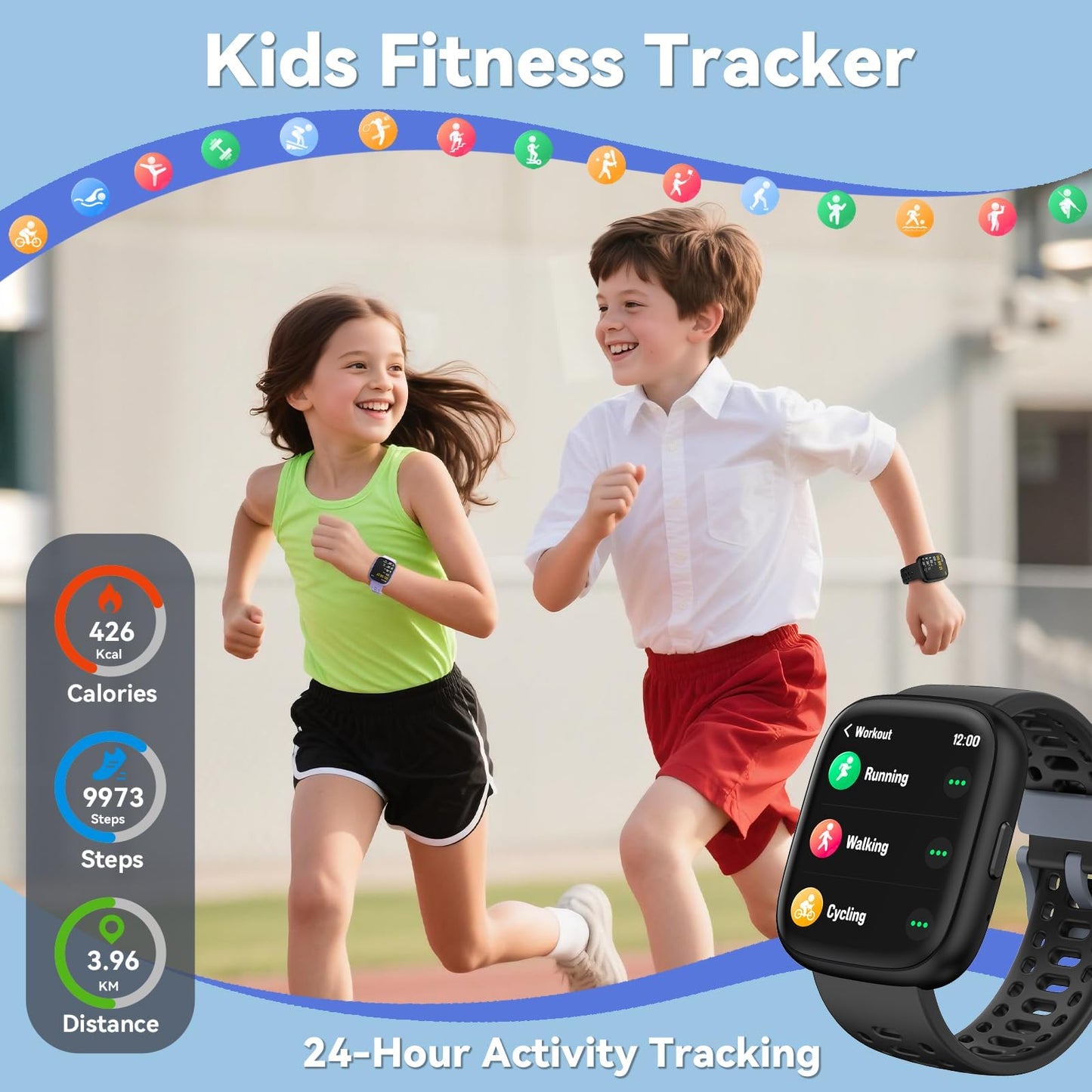 Fitness Tracker for Kids No APP No Phone Needed, Compatible with Apple Find My, 1.83" Smart Watch, Heart Rate, Sleep Monitor, IP68 Waterproof, Step Counter, Gifts for Girls Boys Teens 5-16
