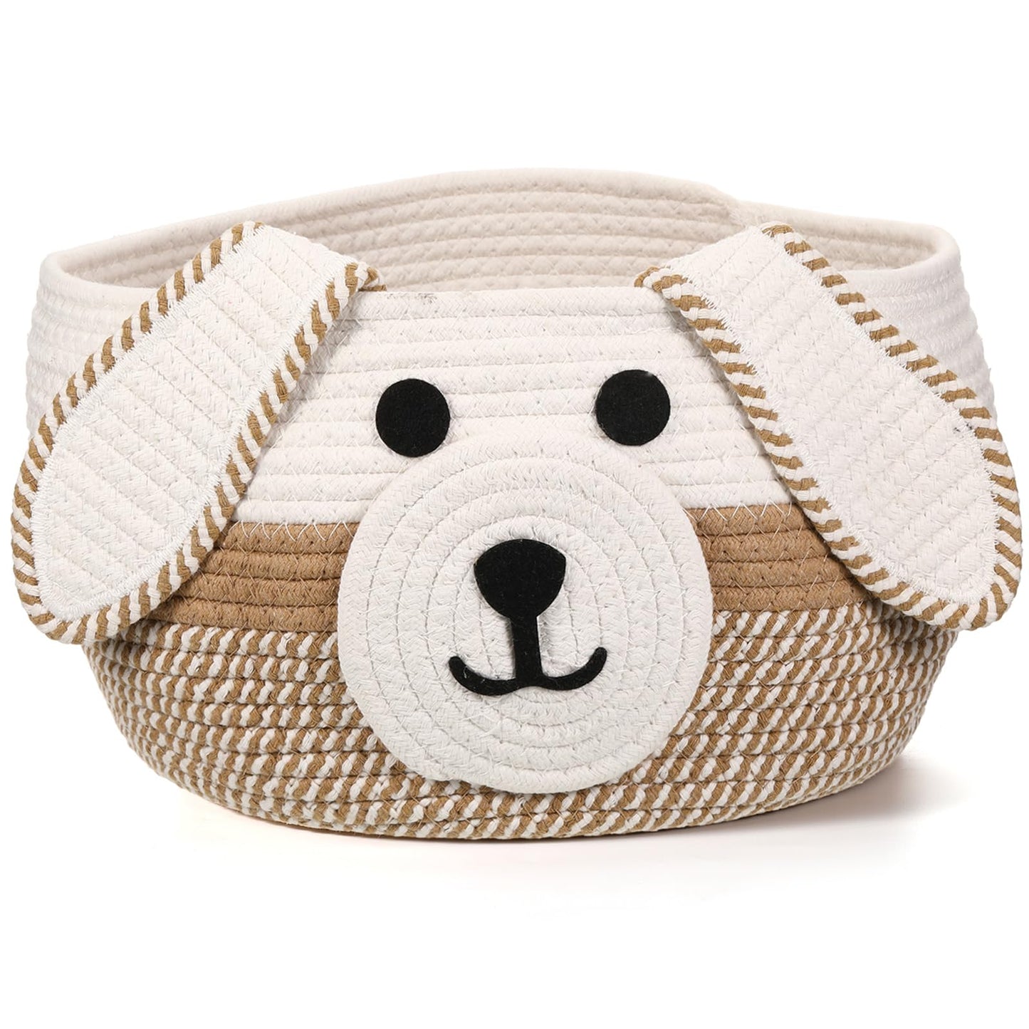 Zopeal Dog Woven Basket Cute Woven Cotton Rope Puppy Animal Storage Basket for Laundry Toy Gift(Khaki, White,13 x 8 Inch)