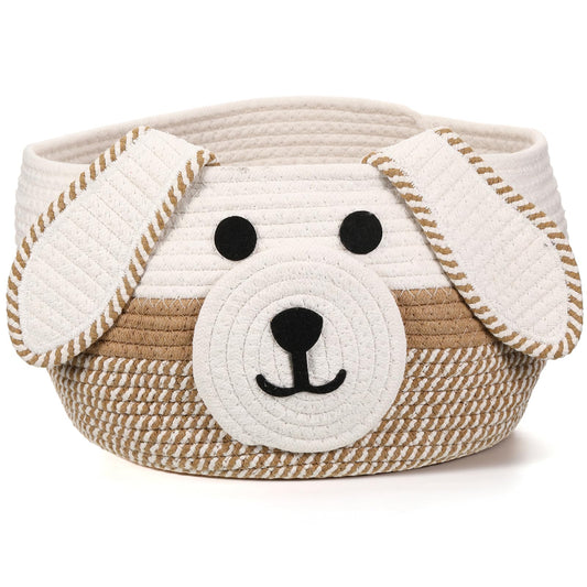 Zopeal Dog Woven Basket Cute Woven Cotton Rope Puppy Animal Storage Basket for Laundry Toy Gift(Khaki, White,13 x 8 Inch)