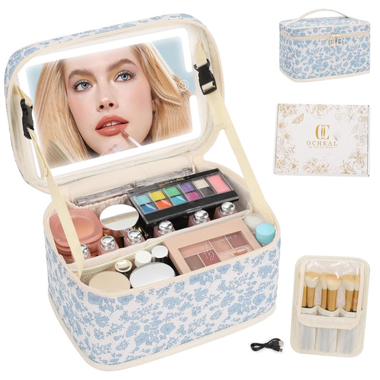 Makeup Bag With LED Mirror, Lightweight Travel Makeup Bag With 3 Color Setting Light Up Mirror Cosmetic Makeup Organizer Vanity Case for Women Beauty Tools Accessories Rechargeable Train Case-Floral
