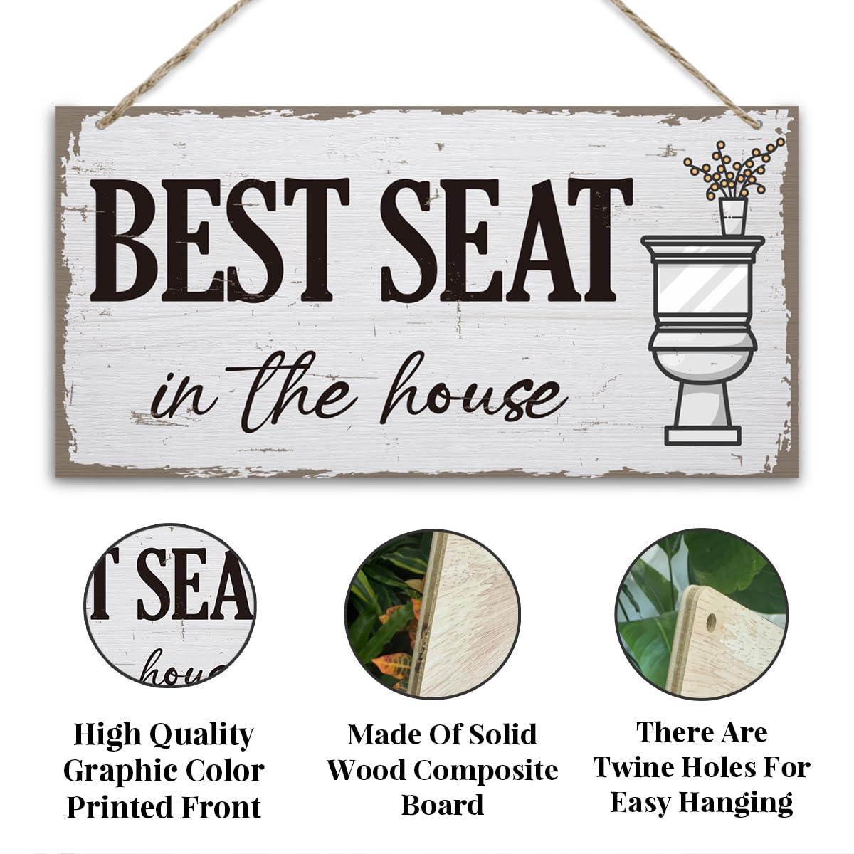 Funny Bathroom Sign Decor, Best Seat in the House Toilet Decoration, Rustic Farmhouse Toilet Wall Hanging Plaque, Bathroom Decoration with Rope Hanging 13.8 * 6.9 Inches