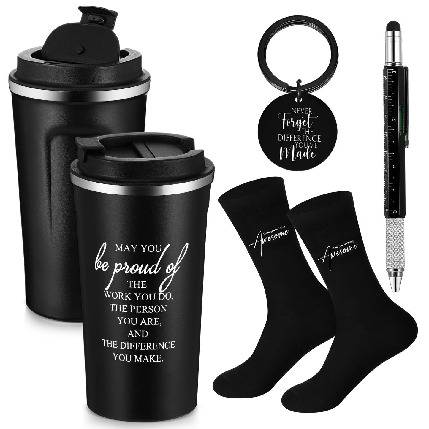Gerrii Set of 4 Appreciation Gifts for Men Thank You Gifts for Male Coworker Employee Teacher Administrator 17 oz Stainless Steel Tumbler Inspirational Keychain Metal Pen Socks for Men(Classic, Black)
