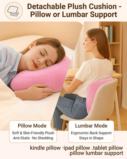Tablet & Kindle Pillow Stand for Bed, Adjustable iPad Holder for Couch and Lap with 2 Snack Bowls, Cup Holder, 50 Disposable Liners and Washable Cover, Pink