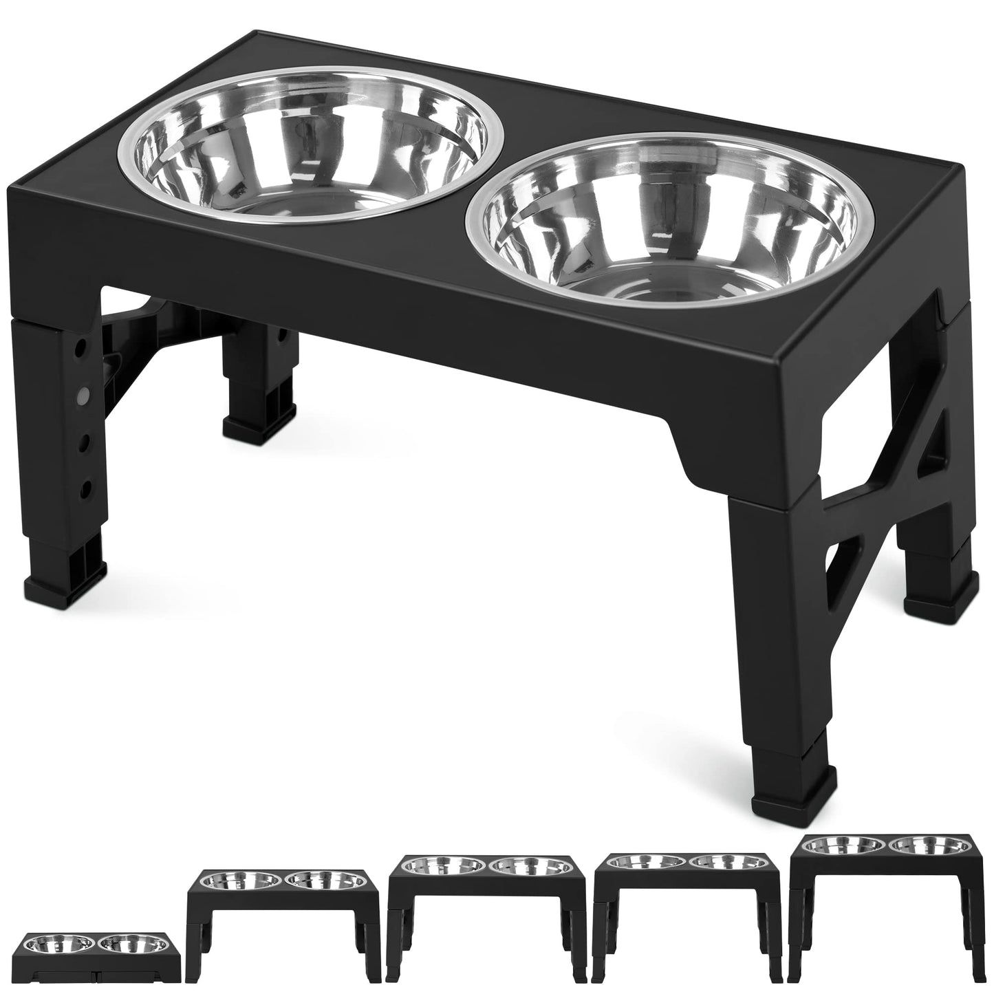 Niubya Elevated Dog Bowls with 2 Stainless Steel Dog Food Bowls, Raised Dog Bowl Adjusts to 5 Heights (3.15", 8.66", 9.84",11.02", 12.2") for Small Medium and Large Dogs