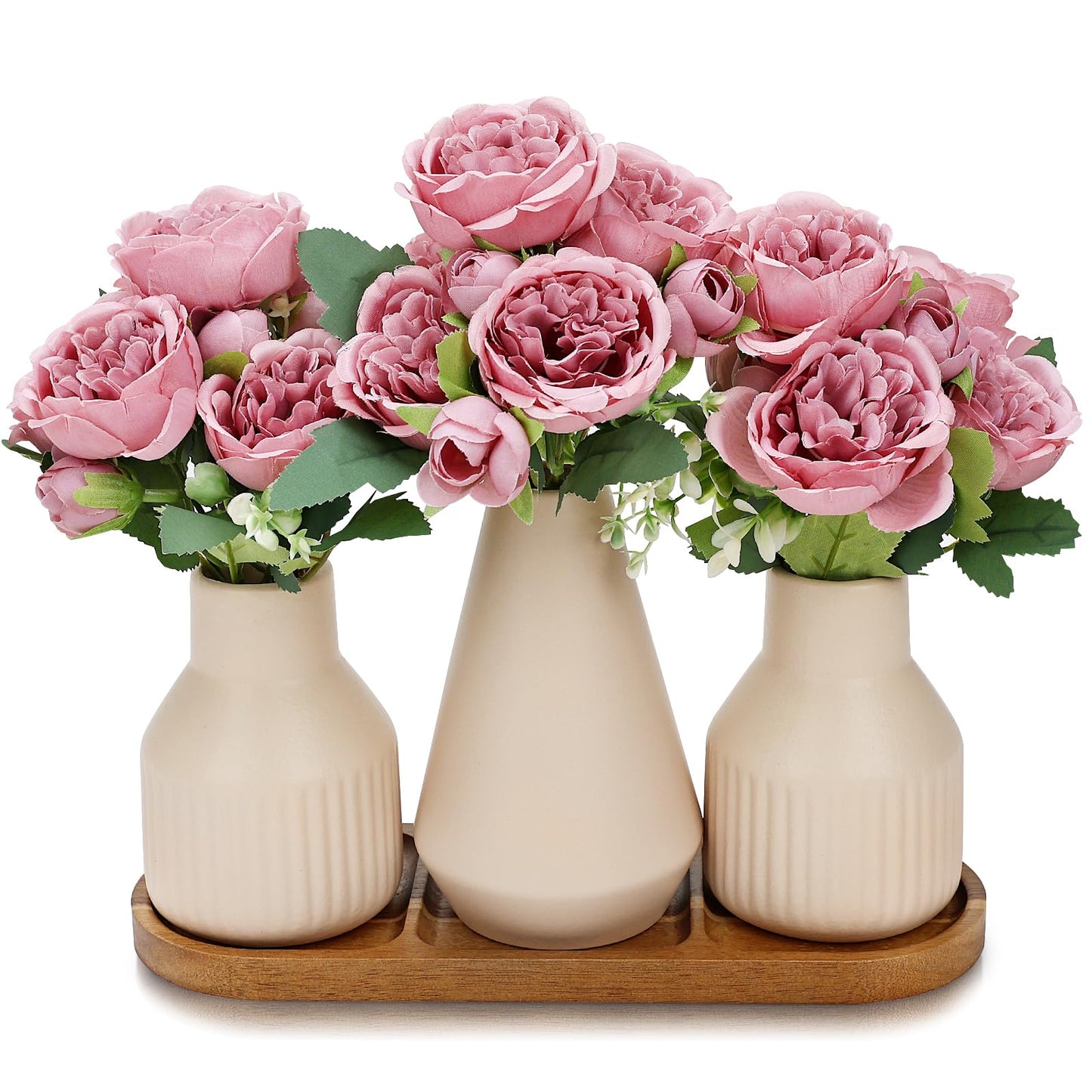 Nagobi Flower Table Centerpiece - Dining Table Centerpiece Decor Set of 3 Fake Peonies in Ceramic Vases & Wood Tray Modern for Kitchen Island Living Room Coffee Table Home Decor (Dusty Pink)
