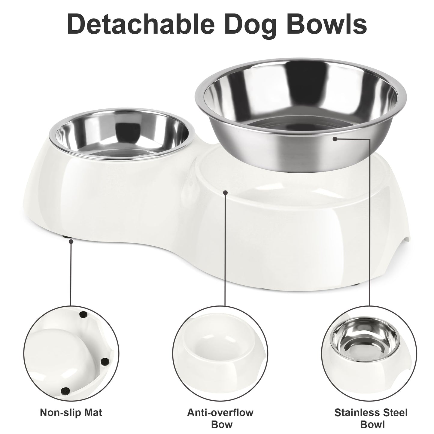 PetVillage Elevated Dog Bowls Set - Non-Slip Raised Pet Feeder with Medium (10 oz) & Large (20 oz) Stainless Steel Bowls - Includes Durable Resin Stand for Corgi Puppies and Adult Cats - White