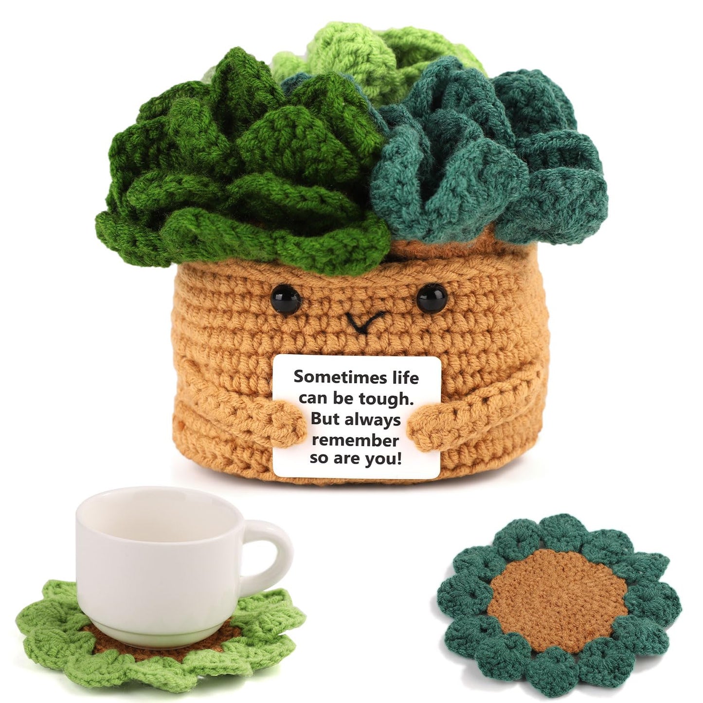 lasuroa Positive Flower Pot, Coasters Crochet Flower Mini Crochet Potted Flower Crochet Plant Pot Positive Emotional Plush Crochet with 6 Crochet Coasters for Party Decoration Encouraging Gift
