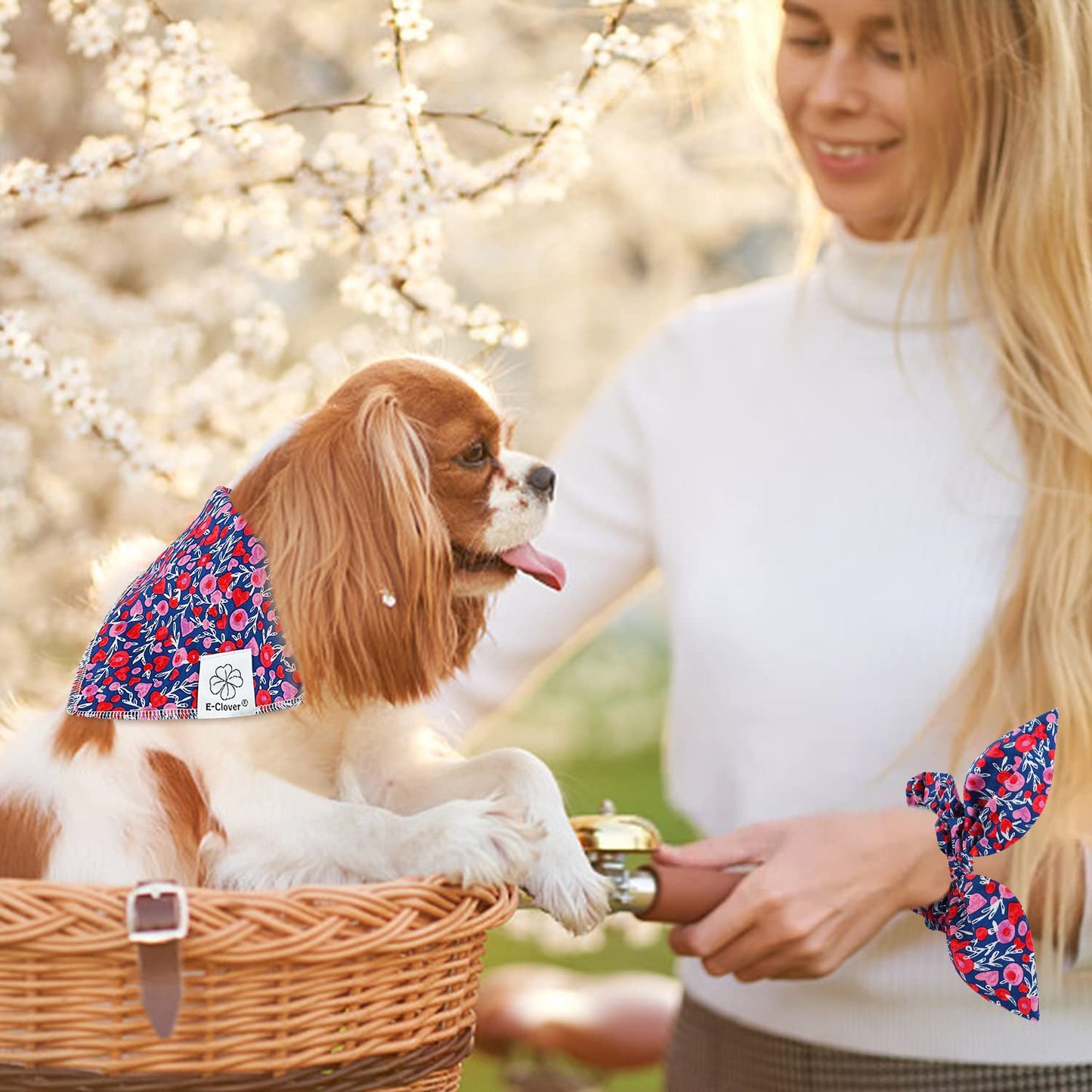 E-Clover Cute Girl Dog Bandanas & Matching Scrunchie Set Heart Dog Bandana Scarf with Bow Hair Ties for Medium Large Dogs Pet Owner Mom Gifts Pink Floral