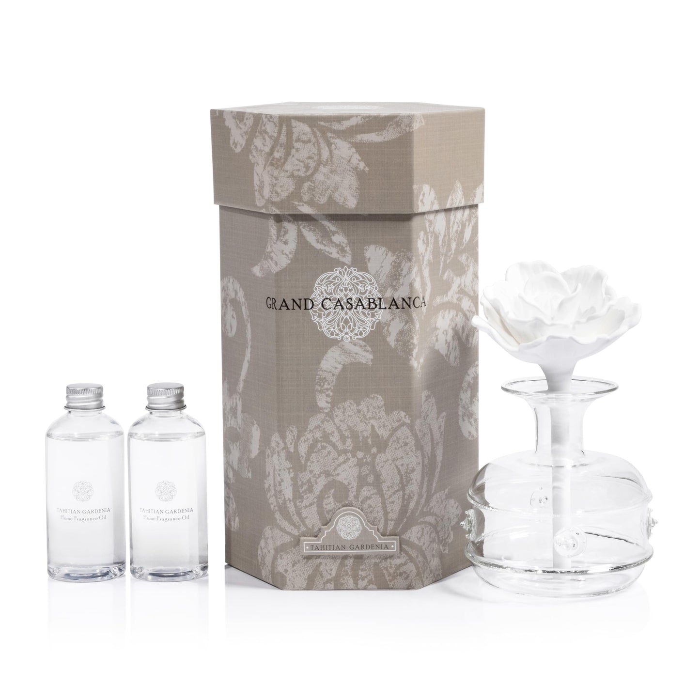 Zodax Grand Casablanca Porcelain Oil Diffuser - Home Fragrance Oil Diffuser Ideal for Living Room, Bathroom, Office - Flower Design - Gift Box Packaging Included - Tahitian Gardenia - 6.76 Oz.