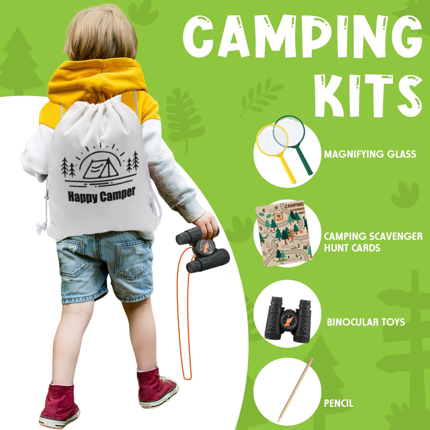 HyDren 8 Sets Camping Party Favors for Kids Safari Party Favors with 8 Camping Scavenger Hunt Cards 8 Canvas Gift Bags 8 Binocular Toys 8 Magnifying Glass 9 Pencils Outdoor Exploration Kit