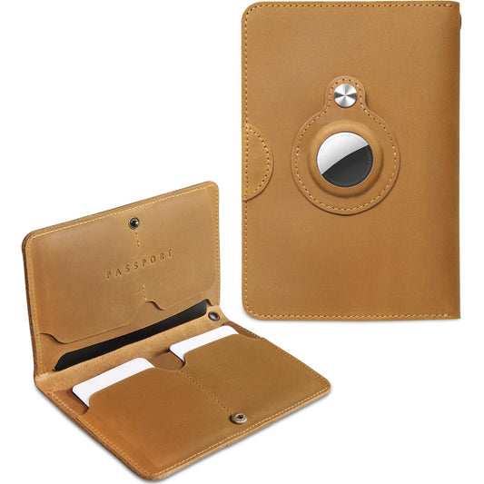XGUO RFID Passport Holder for Travel Women, Genuine Leather Passport Holder with AirTag Slot & RFID Blocking, Passport Cover Wallet for Airport Essentials, Travel Gifts (Gold Brown)