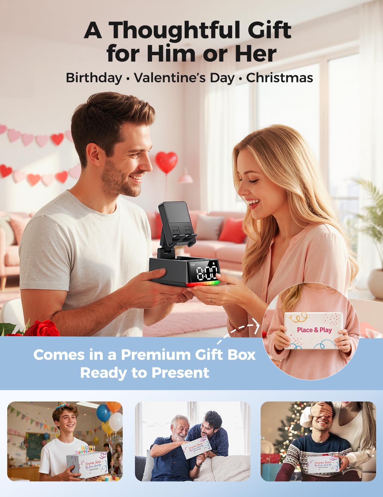 Bluetooth Speaker Birthday Gift for Men:Induction Cell Phone Stand HD Sound Gifts For Mother 2026 Teacher Appreciation,Anti-Slip Phone Holder Kitchen Gadget Women Mom Wife,Dad Husband Boyfriend(Black)