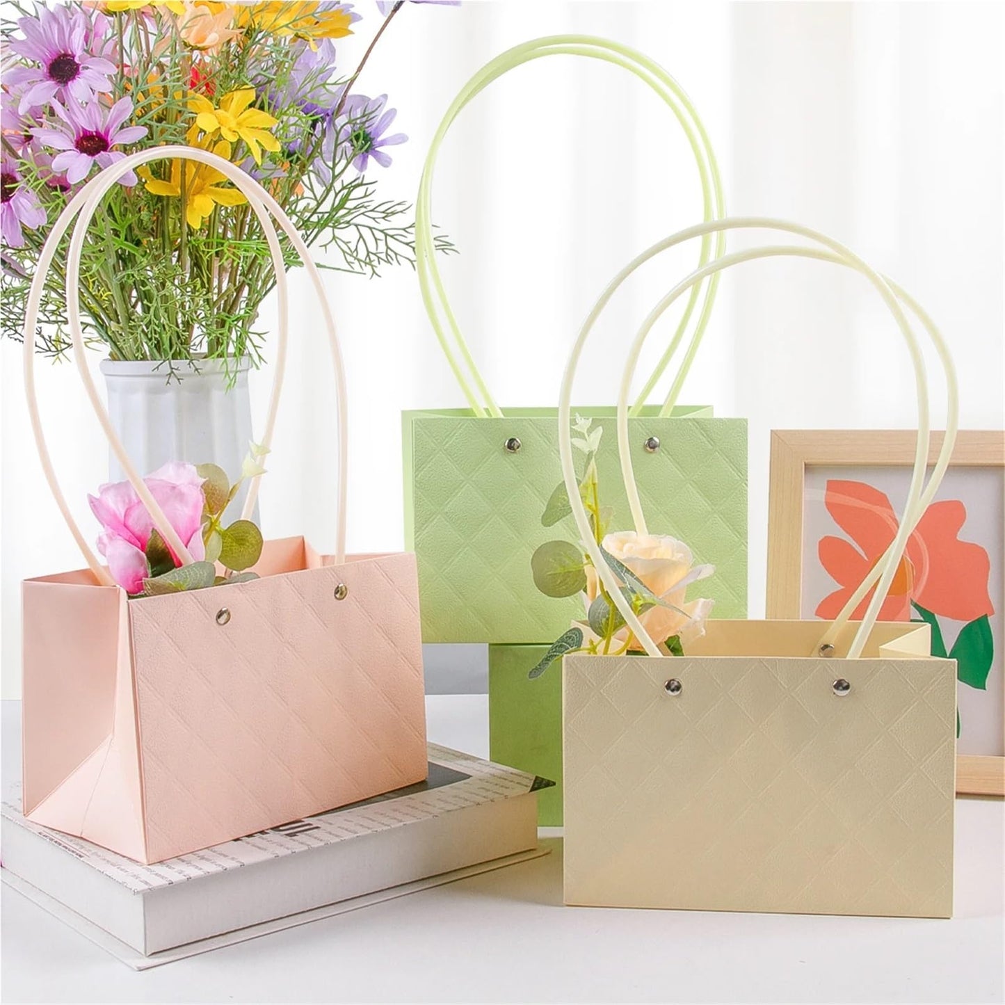 Nikeg Kraft Paper Flower Gift Bags 15Pcs Paper Flower Gift Bag With Handle Rectangle Tote For Wedding Party Birthday Portable Bags Florist Wrap(Flower box style-A)