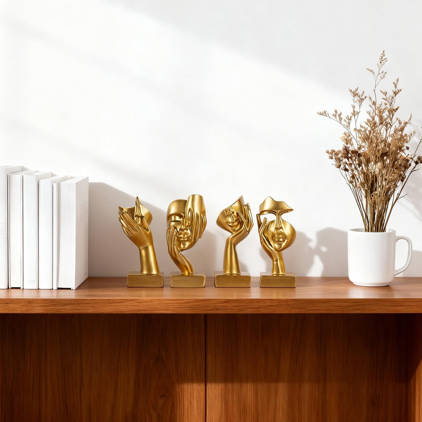 oliruim Gold Abstract Thinker Figurine Set of 4, Home Art Face Small Statue for Accents Decor Women Bedroom Shelf Bookcase Room Desk, TV Stand, Coffee Table Decor, Art Sculpture Gifts for Women (Gold)