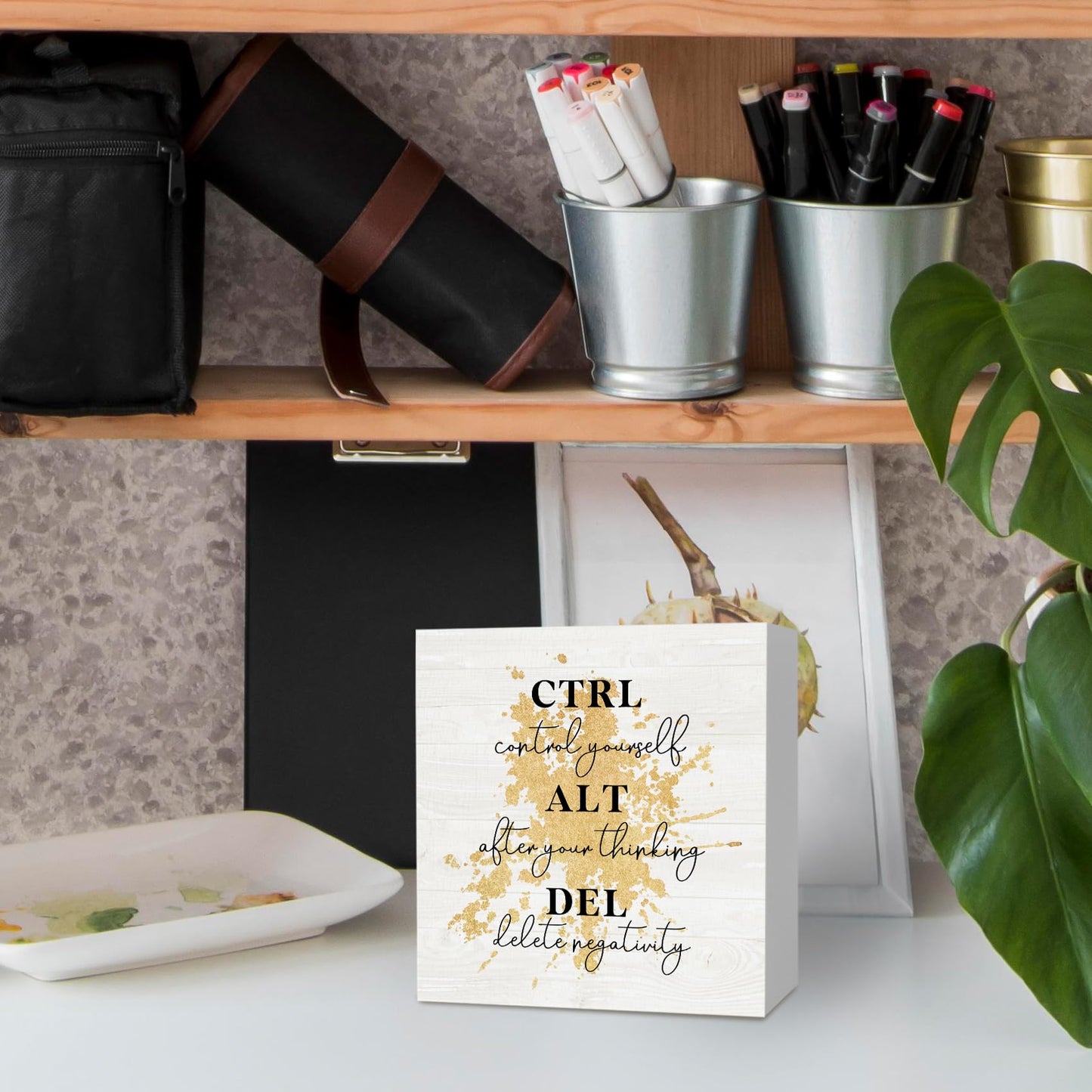 KFXHANGD Ctrl Alt Del Office Motivational Gold Wooden Box Sign Desk Decor, Inspirational Decorative Signs for Office and Bedroom, Positive Home Shelf Desk Decoration 5x5 Inch